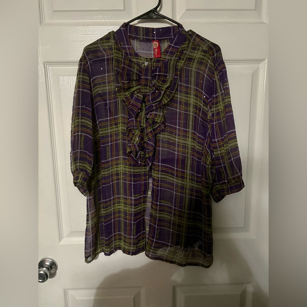 Apple Bottoms Sheer Plaid Ruffle Button Up Blouse Plus Size 2X